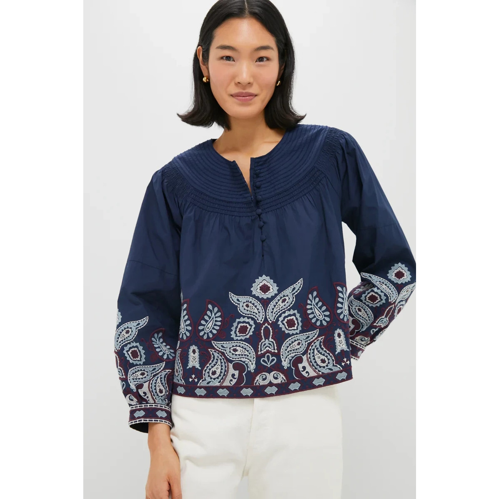 Tuckernuck Navy Embroidered Lucia Blouse Size - L